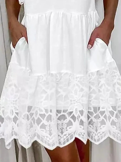 Lace Patchwork A-Line Dress for Women Casual V-Neck Short Sleeved Beach Fashion