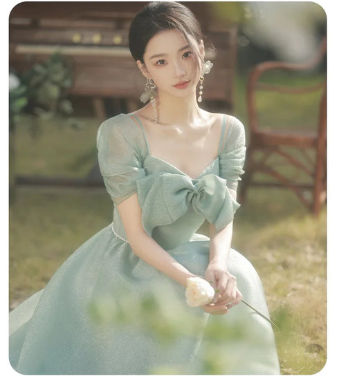 Bridesmaid Dress Elegant Tulle With Bow A Line Long Dress For Wedding Party Celebration Bridesmaid Dresses