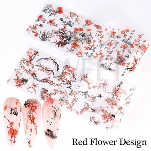 Elegant Chinese Character Nail Art Foils - 10pcs Crane, Bamboo, Gold Fish, and Flower Slider Stickers for Stunning Gel Polish Nail Decoration, Marble Nail Designs, BEDXK12