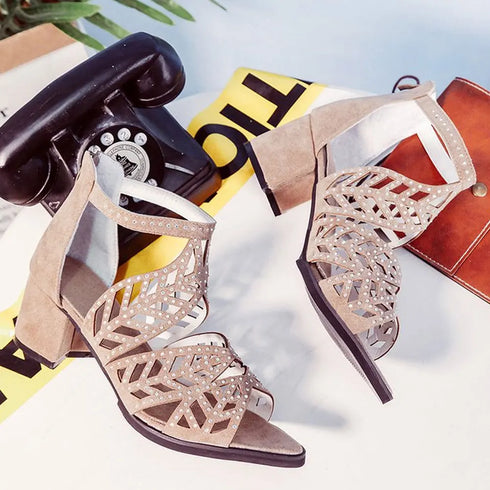 Rhinestone Faux Leather Hollow Out Thick Heel Sandals