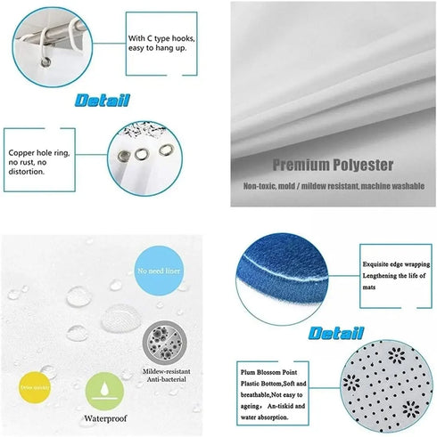 4 Piece Doormat Shower Curtain Set with Non-Slip Rugs Toilet Seat Cover and Bath Carpet for Bathroom Decor