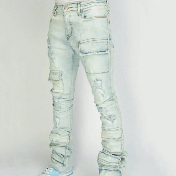 Men's Stacked Jeans Slim Fit Ripped Denim Pants Streetwear