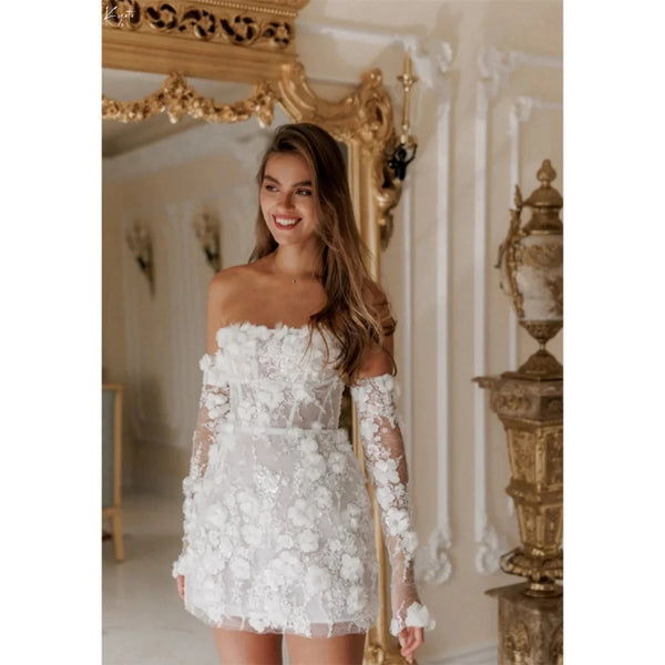 Customized Beaded Mini 3D Flower Wedding Dress Off Shoulder Detachable Sleeves Lace-Up Back Bridal Gown
