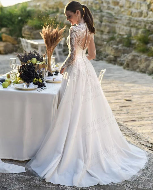 Graceful A Line Wedding Dress Elegant Appliques High Neck Illusion Long Sleeve Bridal Gown