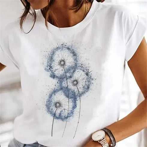 Dandelion Watercolor Graphic Tee Short Sleeve T Shirt for Women Spring Summer Fashion