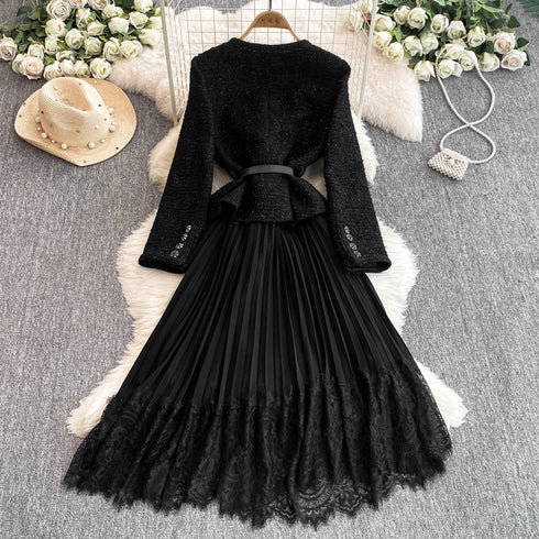 Hepburn Elegant Long Tweed Dresses Women Autumn Party Luxury Robe