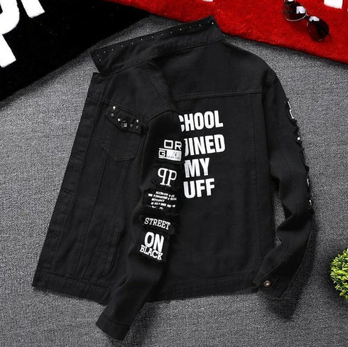Men's Slim Fit Ripped Denim Jacket with Print for Hip Hop Style - Trendy Outerwear for Dance and Casual Wear