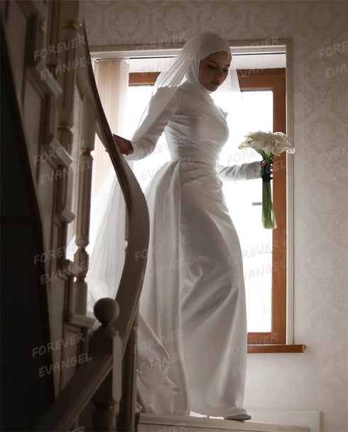 Luxury Muslim Wedding Dresses Mermaid Long Sleeve Satin Bride Gowns Elegant Customized