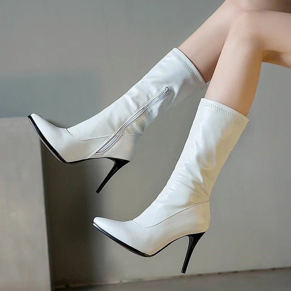 Soft Elastic Slim Leopard Boots Women Autumn Pointed Toe Mid-calf Boot High Heels Dance Shoes Ladies