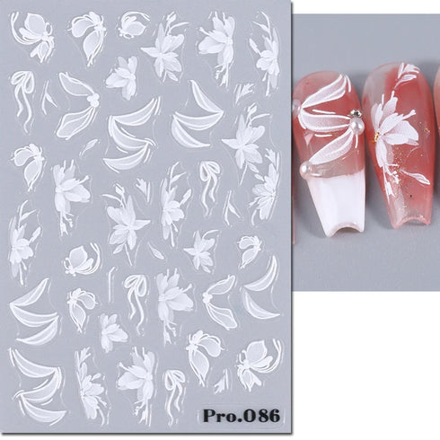 5D Embossed Nail Art Stickers - Semi-Transparent White Bowknots Adhesive Sliders for Creative Manicure Decorations and Nail Art Accessories