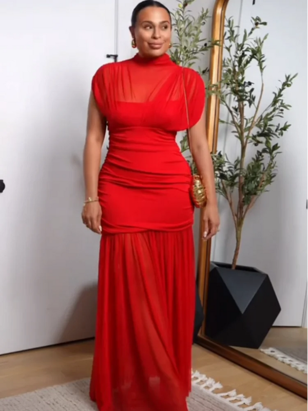 Elegant Mesh Patchwork Pleated Long Skirt Dress for Women Slim Evening Party Maxi Dress