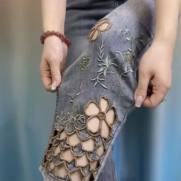 Embroidered Slim Cigarette Jeans For Women With Hollowed Out Detailing Denim Jeans