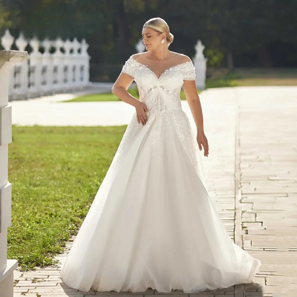 Boho Plus Size Wedding Dress With Sheer Neckline And Appliques A Line Floor Length Bridal Gown