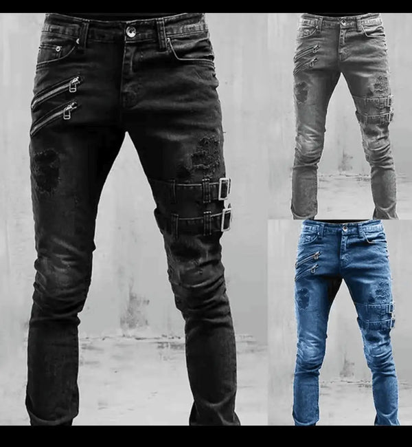 Men Jeans Denim Pencil Pants Mid Waist Moto Biker Slim Fit