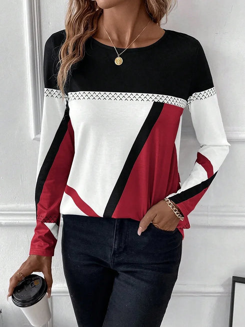 Casual Women's Geometric Print Long Sleeve T-Shirt Loose Fit O-Neck Tee