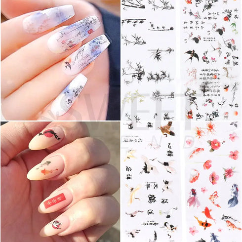Elegant Chinese Character Nail Art Foils - 10pcs Crane, Bamboo, Gold Fish, and Flower Slider Stickers for Stunning Gel Polish Nail Decoration, Marble Nail Designs, BEDXK12