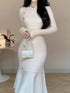 Korean Chic French Knitted Dress Women Long Sleeve Fishtail Bodycon