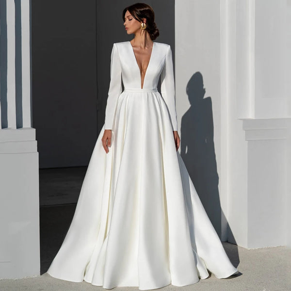 Boho Beach Backless A-Line V-Neck Long Sleeve Wedding Dress Modern Ceremony Gown