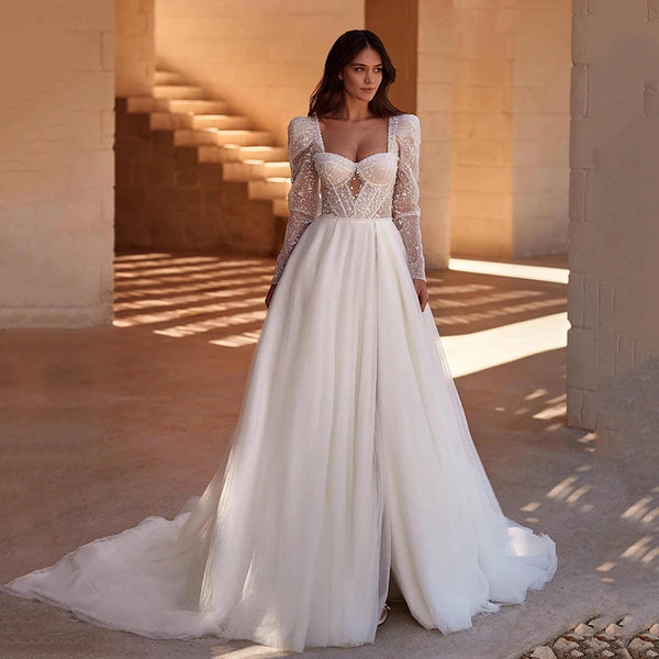 Boho Sweetheart Backless Wedding Dress Women Long Sleeve Tulle A-Line Bridal Gown