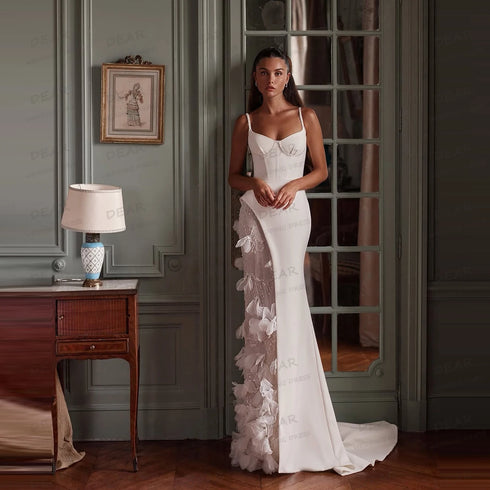 Luxury Wedding Dresses Mermaid Women's Lace Appliques High Split Sleeveless Bridal Gowns Customized