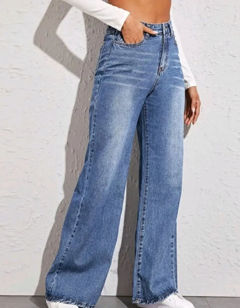 Blue Jeans for Women Wide Leg Denim Trousers High Waist Loose Elegant Pants