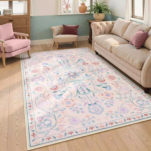 Non-Slip Soft Machine Washable Bohemian Floral Living Room Carpet Rug