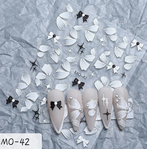 5D Embossed Nail Art Stickers - Semi-Transparent White Bowknots Adhesive Sliders for Creative Manicure Decorations and Nail Art Accessories