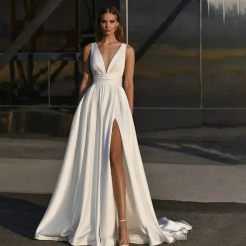 Customized Simple A-Line Wedding Dress With Pocket Satin Elegance