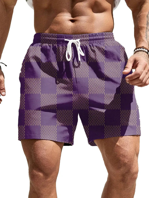 Men's Resort 3DPrinted Checkered Pattern Board Shorts for Beach