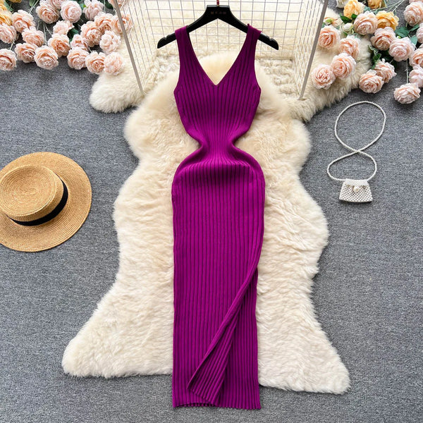 Chic Sexy Wrap Hips Split Knitted Bodycon Dress for Women - Stylish Streetwear Outfit