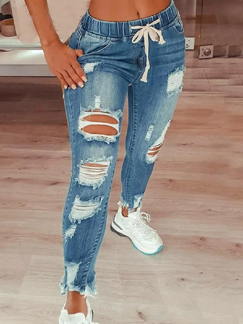 Casual Drawstring Denim Jeans for Women - Ripped Hole Stretch Skinny Pencil Pants Perfect for Fall Outfits Jeans and Homecoming Events