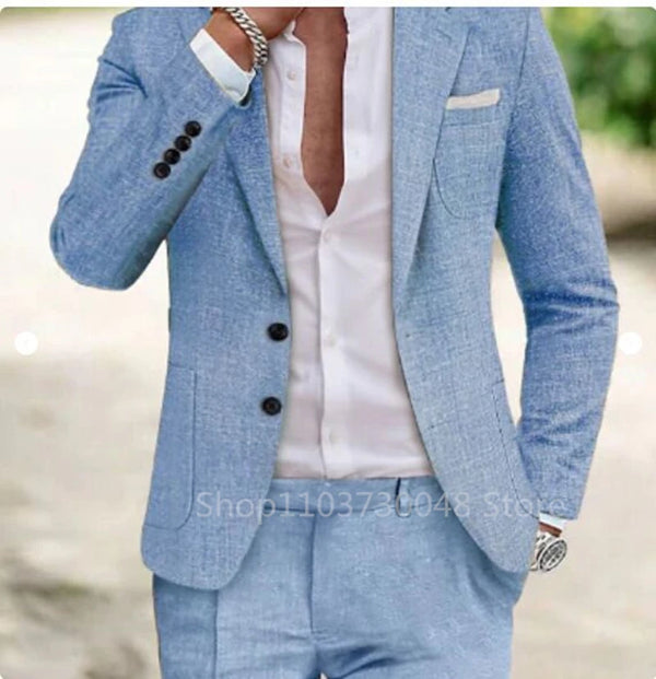 Linen Summer Men Suits Slim Fit Two Button Blazer Pants Groom Tuxedos 2 Piece Sets