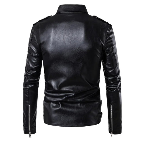 Men's Slim Fit Motorcycle Bomber Leather Jacket with Turn Down Collar and Zipper Pockets for Autumn and Winter Styling