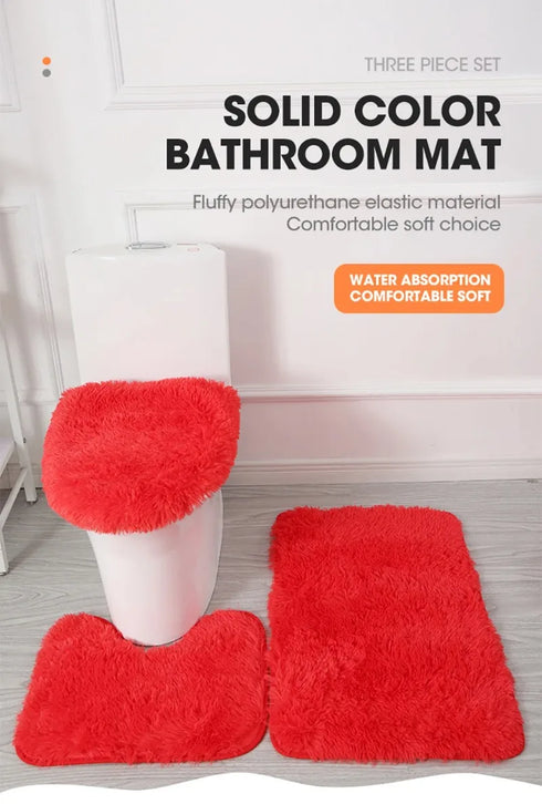 3 Piece Solid Color Bathroom Carpet Set Non-Slip Toilet Lid Cover Rugs Kit