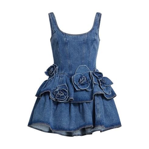Chic Summer 3D Floral Denim Mini Dress Vintage A Line Halter Jean Fashion Clothing