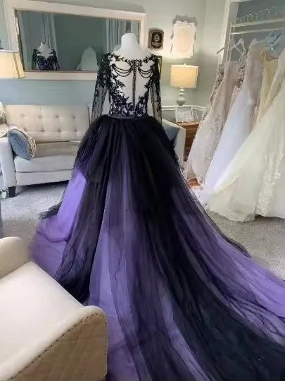 Customized Black Purple Gothic Wedding Dresses with Long Sleeve Jacket Lace Bustle Bridal Gowns