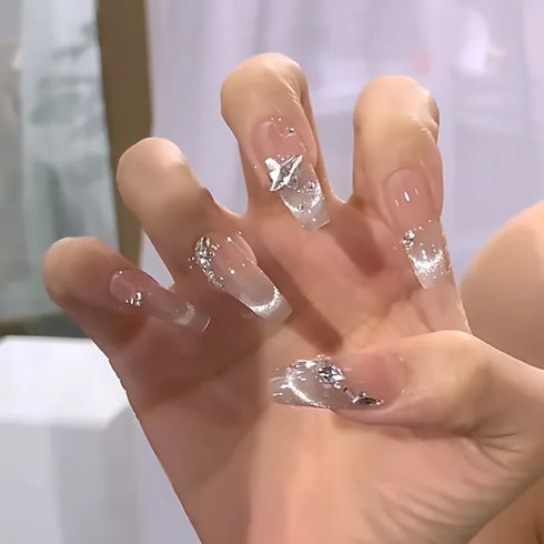 24Pcs Long Acrylic Ballet Fake Nails with Rhinestone Chain Design - Full Cover Press-On Nail Tips for Stylish Nail Art Enthusiasts