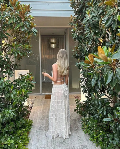 Fashion Halter Neck Maxi Skirt Suit for Women Backless Lace Up Two Piece Summer Outfit