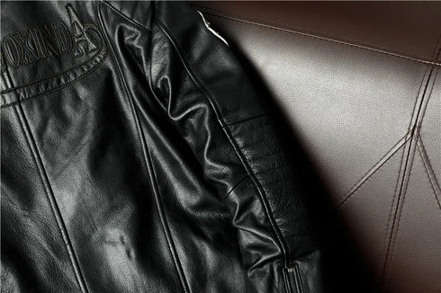 Vintage Genuine Leather Biker Jacket for Men – Slim Fit Cowhide Motorcycle Outerwear with Pockets and Embroidery Details for All Seasons