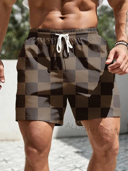 Men's Resort 3DPrinted Checkered Pattern Board Shorts for Beach