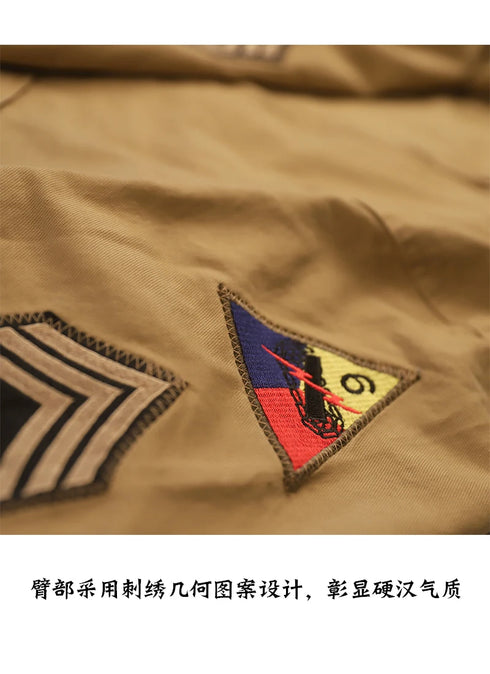 Men's Tactical Lightweight Military Cotton Bomber Jacket - Spring and Autumn Khaki Fury WW2 Tanker Style with Zipper Closure and Pockets for Outdoor Travel