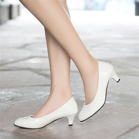 Elegant Women's Leather Med Heels - Classic Office Pumps for Career Ladies