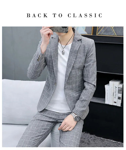Korean Slim Fit Two-Piece Suit Set for Men Casual Trendy British Style Coat and Trousers