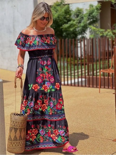 Elegant One-shoulder Short-sleeved Dress For Women Fashion Splicing Floral Print Dresses
