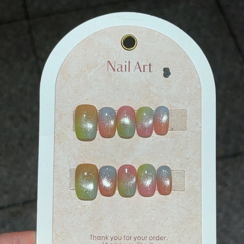 10-Piece Cat Eye Press-On Nail Set - Short Candy Halo Acrylic False Nails for Summer Parties, Full Cover Ballerina Style with Glue, Perfect for Nail Art and Professional Use