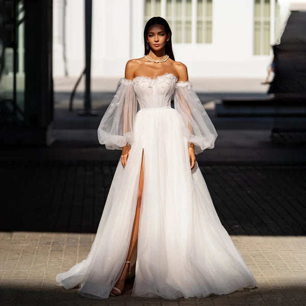 Exquisite Sweetheart Beach Wedding Dresses Off The Shoulder Puff Sleeve Lace Appliques Bridal Gowns