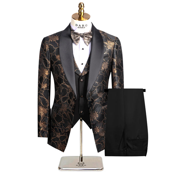 Elegant Floral Jacquard Tuxedo Suit for Men - Slim Fit 3 Piece Wedding Attire with Jacket, Vest, and Pants