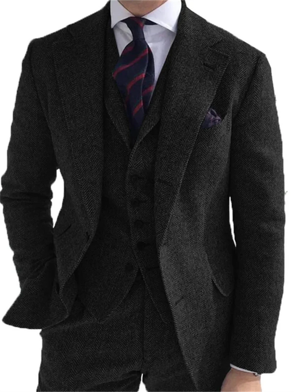 Elegant Men's 3-Piece Wool Tweed Herringbone Suit Set for All Seasons - Tuxedo Blazer, Trousers, and Waistcoat Combination