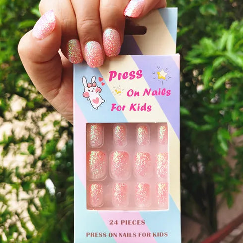 Sparkling Purple Glitter Kids Press-On Nails - 24-Piece Gradient Fake Nail Art Tips for Short Full-Cover Fun and Creative Nail Designs for Girls