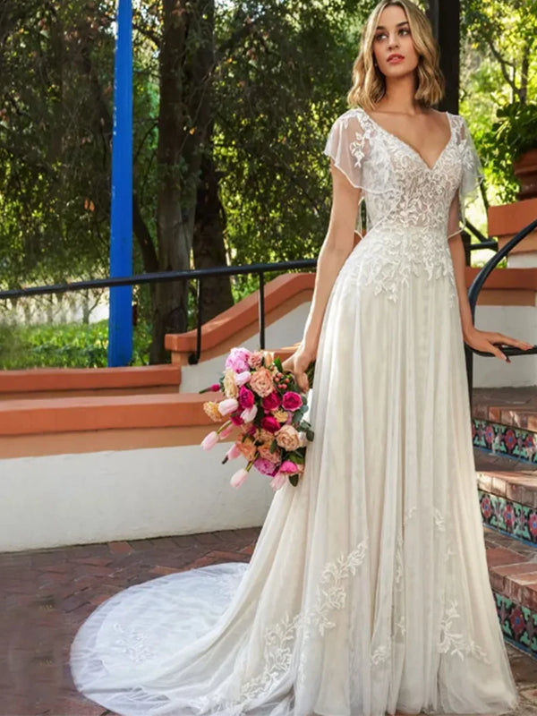 Deep V Neck Backless Appliques Boho A-Line Batwing Sleeve Beach Bridal Dress Gown